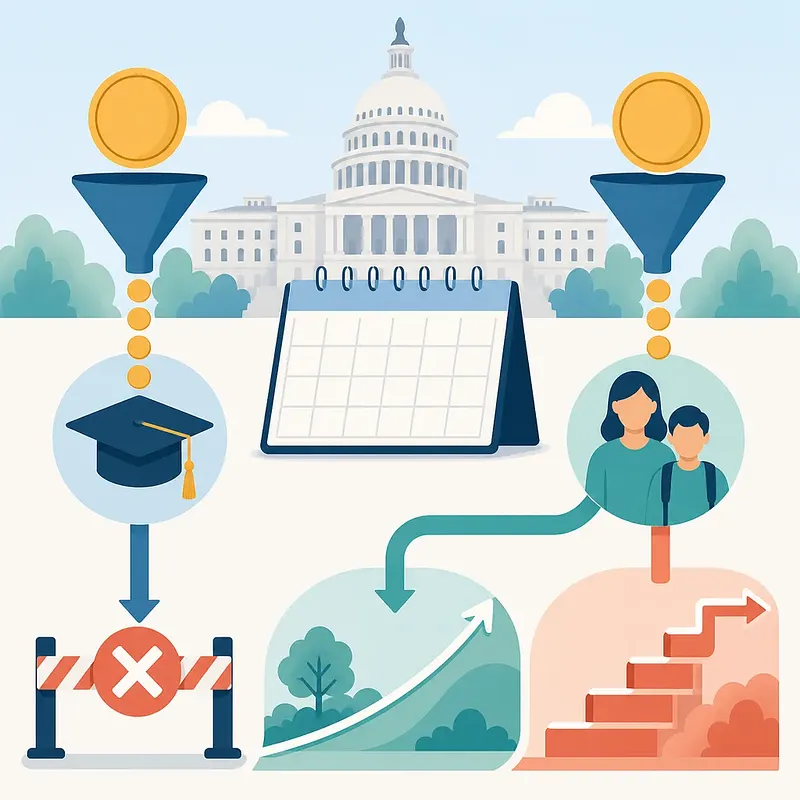 U.S. Capitol, coins, calendar, graduation cap, family, and paths symbolizing student loan changes