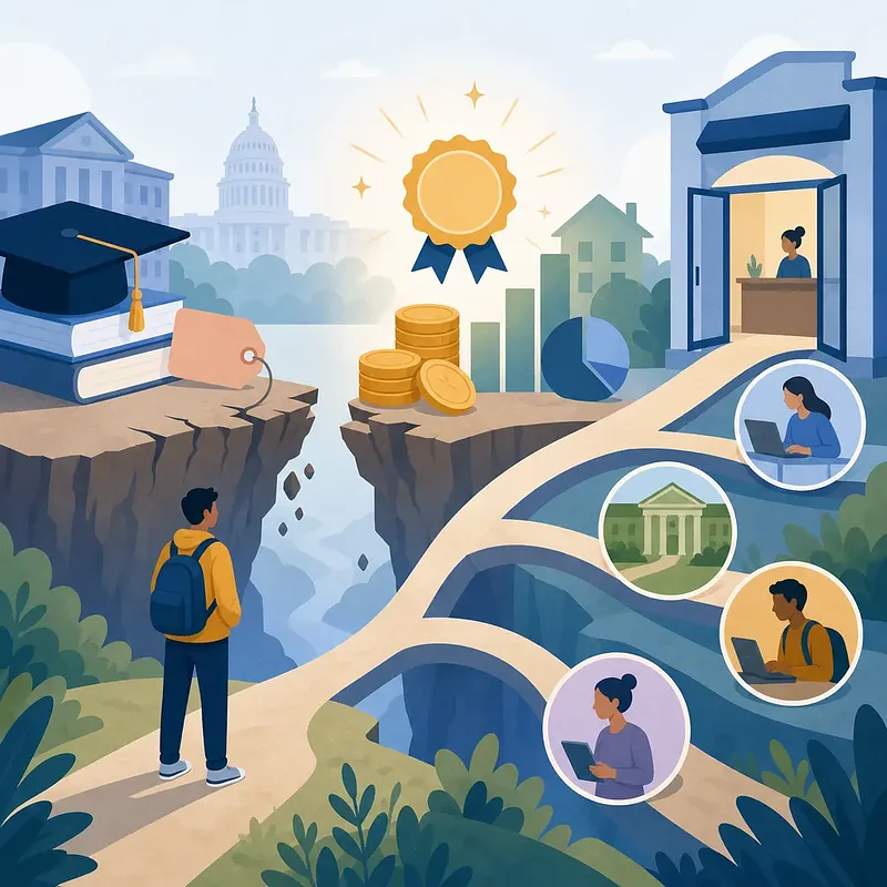 Student facing branching bridges, books, graduation cap, coins, medal, Capitol, and college