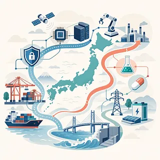 Japan map surrounded by icons for chips, robotics, factories, biotech, energy and logistics