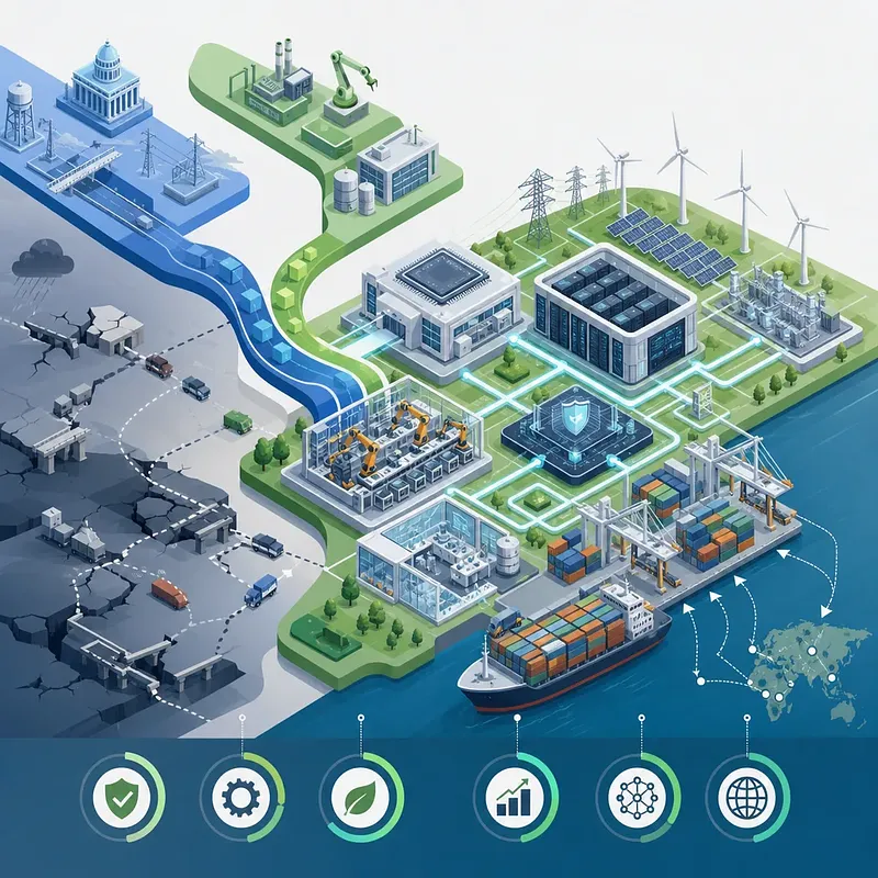 Industrial ecosystem with disaster zones, chip plants, data centers, renewables, and a smart port
