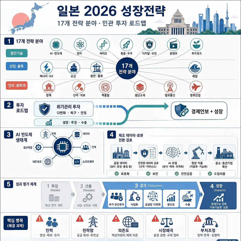 일본 지도와 도시 전경 아래 17개 전략 분야와 투자 로드맵을 정리한 한국어 인포그래픽