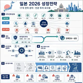 일본 지도와 도시 전경 아래 17개 전략 분야와 투자 로드맵을 정리한 한국어 인포그래픽