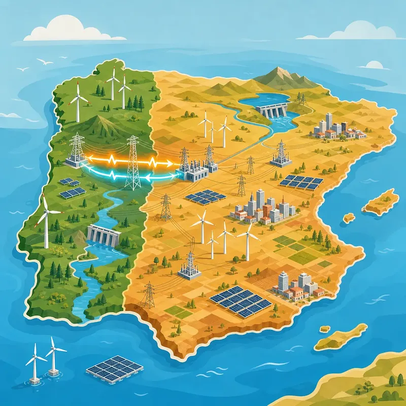 Map of Iberia showing Spanish and Portuguese power grids, renewable energy sites, and two-way electricity flow