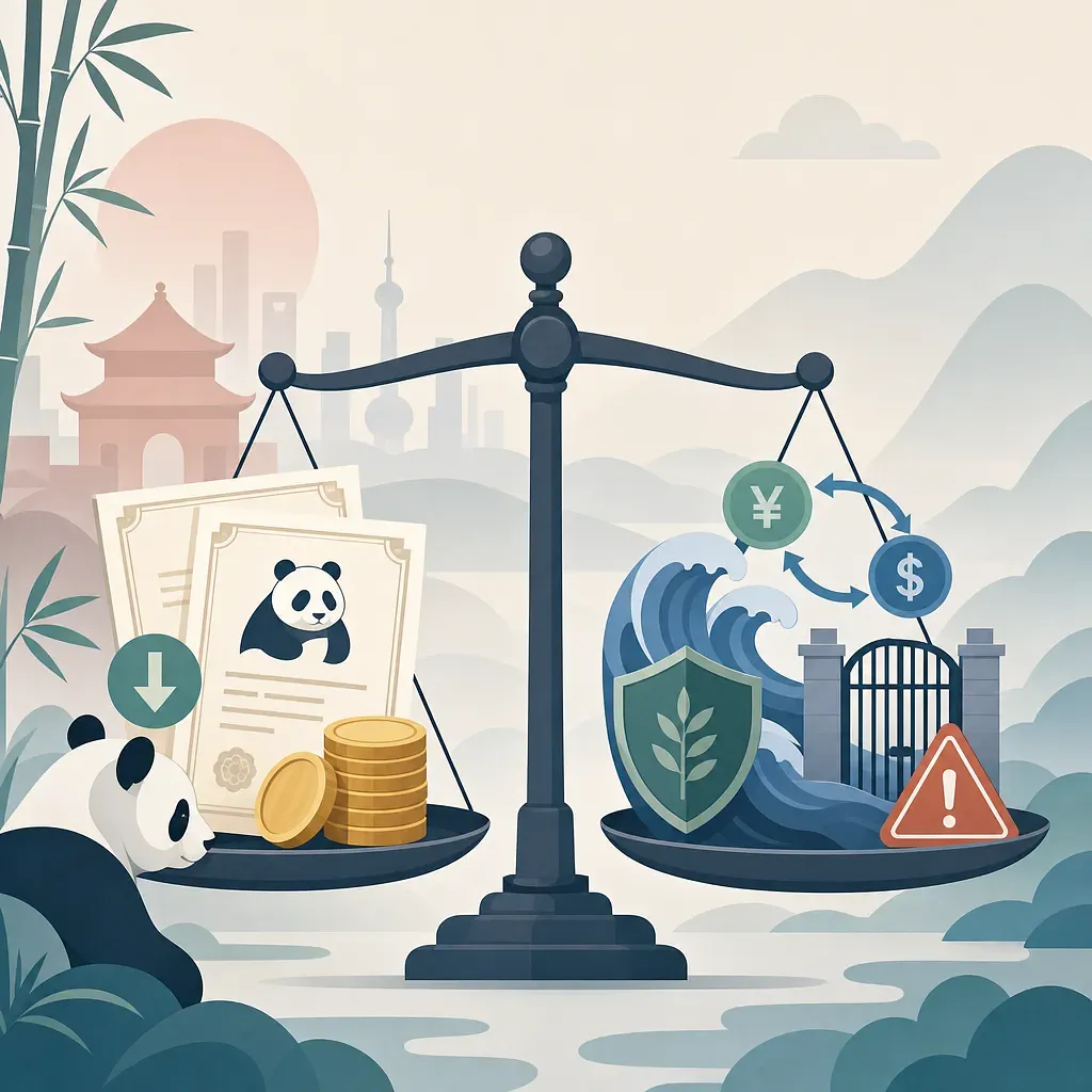 Balanza en un paisaje chino con bonos del panda, monedas, símbolos de divisas e iconos de riesgo