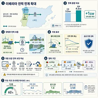 스페인·포르투갈 전력 연계 확대와 용량, 양방향 흐름, 기대 효과, 병목을 설명하는 인포그래픽