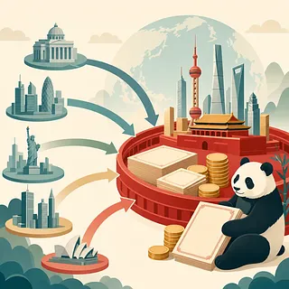 世界の都市から中国へ向かう矢印と債券、硬貨、パンダのイラスト