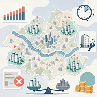 Seoul map with apartment clusters, a chart, clock, key, contract, balance scale, and coins