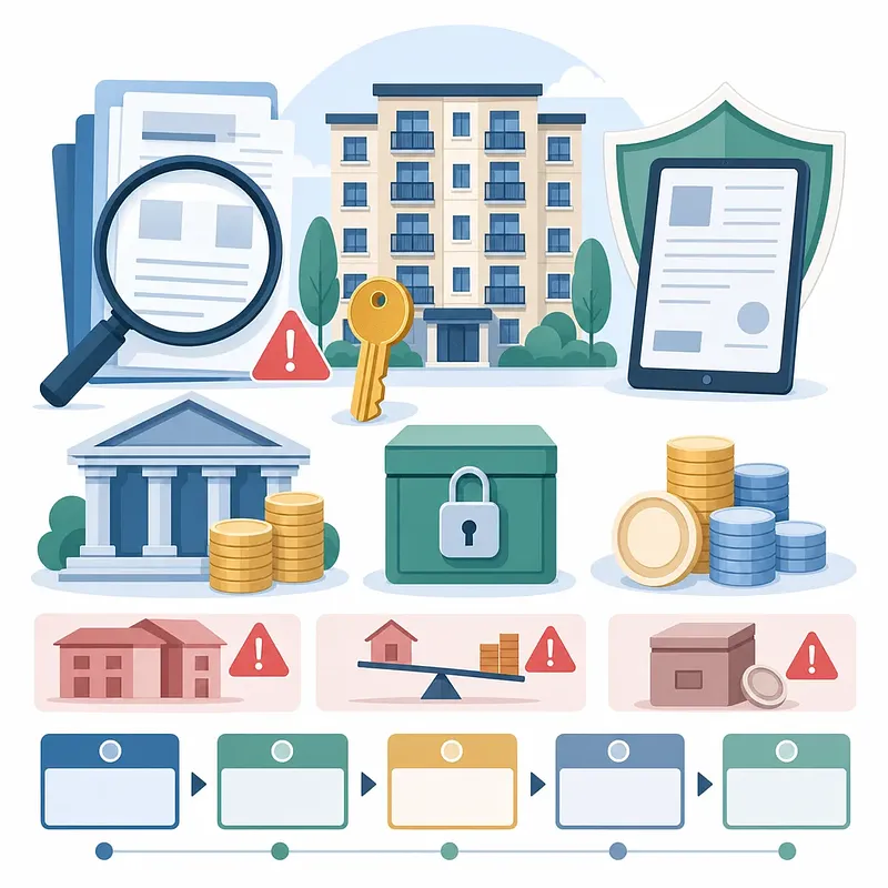 Apartment, documents, magnifier, key, security shield, bank, lock, coins, and warning symbols