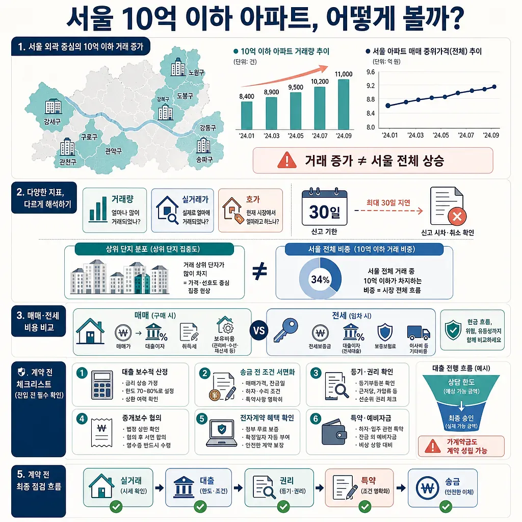 Infografía sobre pisos en Seúl de hasta mil millones de wones con tendencias, costes y lista contractual