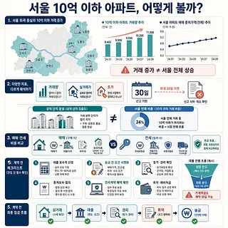 서울 10억 원 이하 아파트 거래 추이와 매매·전세 비교, 계약 전 체크리스트를 정리한 인포그래픽