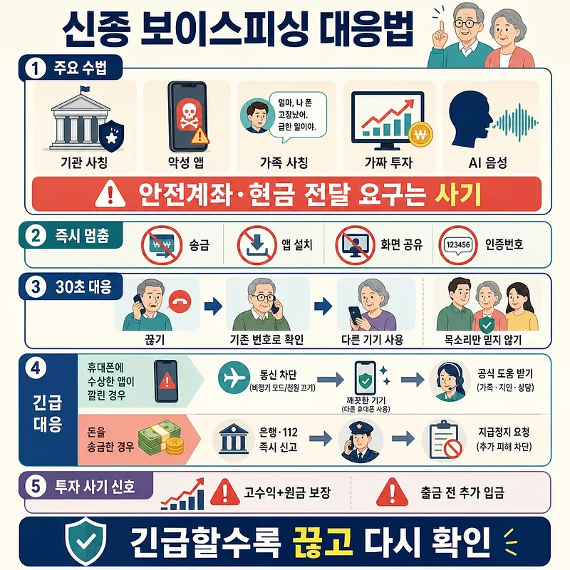 機関や家族の詐称、悪質アプリ、偽投資、AI音声などの新型ボイスフィッシング対策図