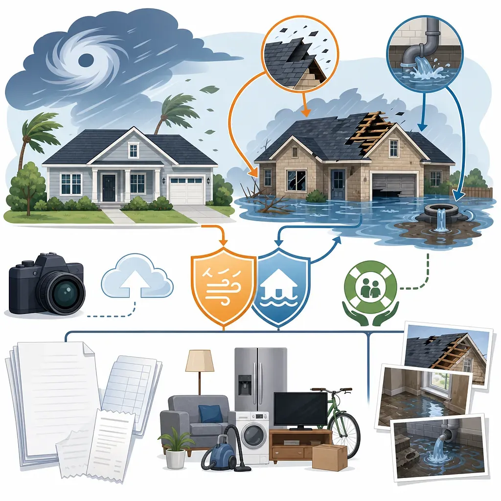 Infografía de una casa antes y después de daños por viento e inundación, con documentos y pertenencias