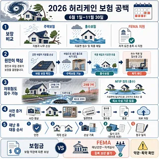 주택보험·홍수보험·FEMA 지원과 재난 후 청구 절차를 비교한 2026년 허리케인 보험 공백 안내도