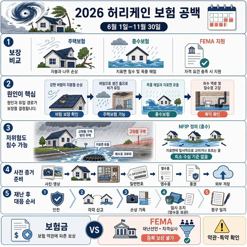 주택보험·홍수보험·FEMA 지원과 재난 후 청구 절차를 비교한 2026년 허리케인 보험 공백 안내도