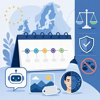 Mapa de Europa, calendario, balanza, escudo e iconos de IA sobre regulación de IA