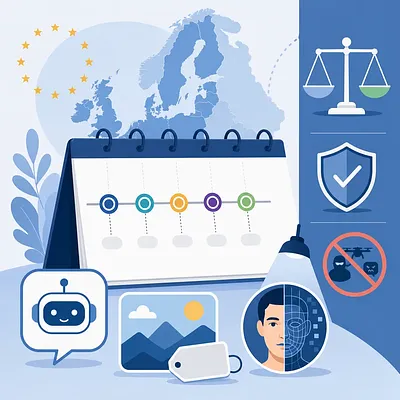 유럽 지도와 EU 별, 일정표, 저울, 방패, AI 아이콘이 있는 AI 규제 일러스트