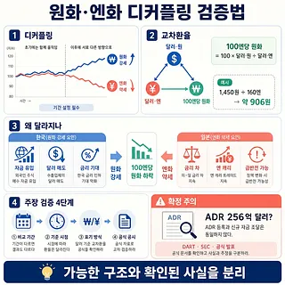 원화·엔화 디커플링 추이와 교차환율, 원인 및 주장 검증 4단계를 정리한 인포그래픽