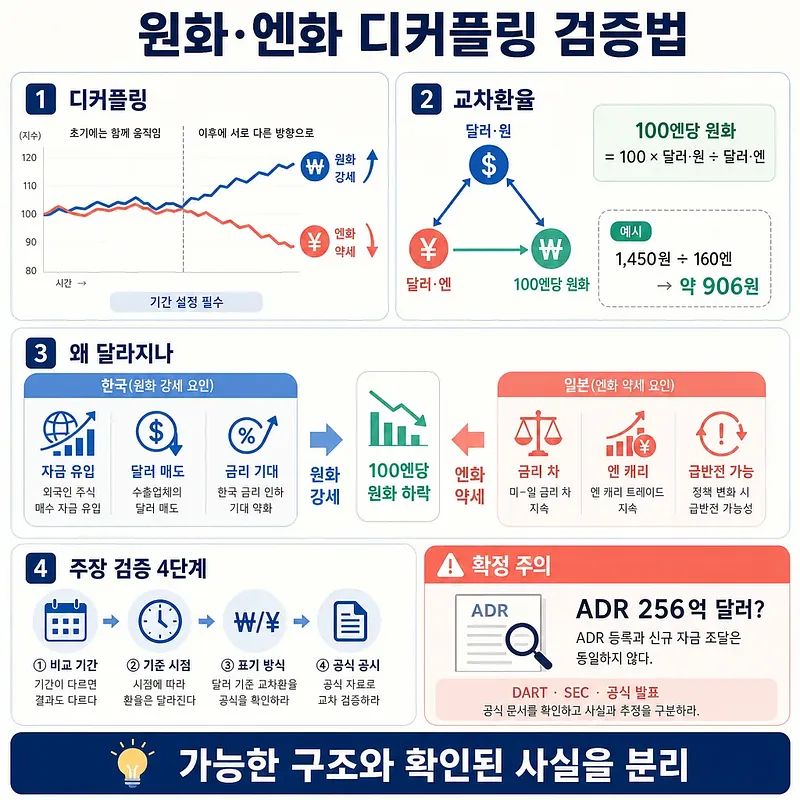원화·엔화 디커플링 추이와 교차환율, 원인 및 주장 검증 4단계를 정리한 인포그래픽