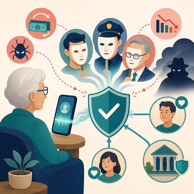 Persona mayor con un móvil rodeada de impostores, malware, pérdidas financieras y un escudo protector