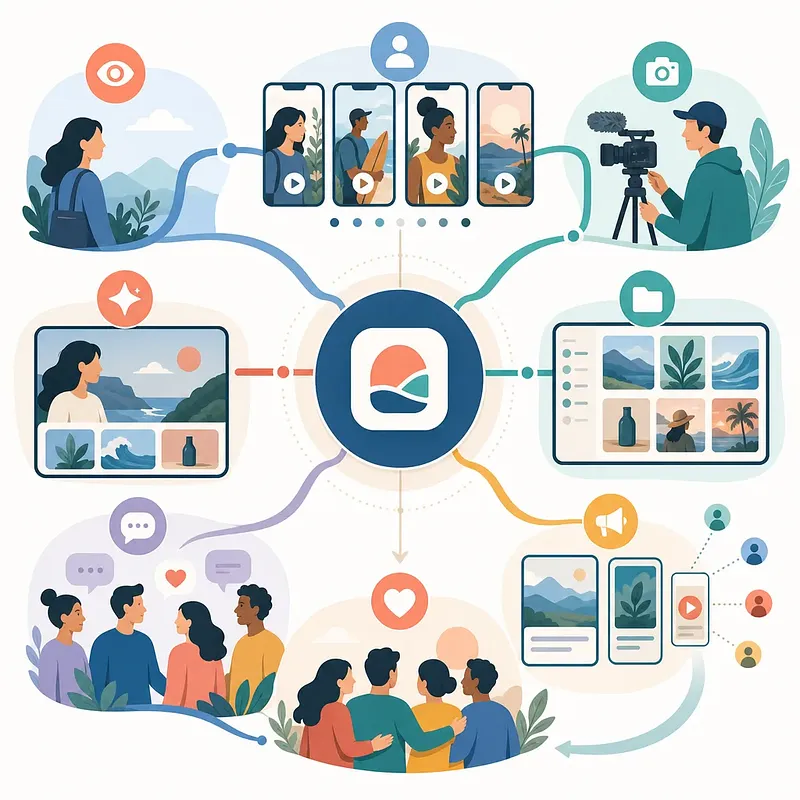 중앙 콘텐츠 플랫폼과 영상, 제작자, 미디어 갤러리, 광고, 커뮤니티를 연결한 마케팅 생태계 도식