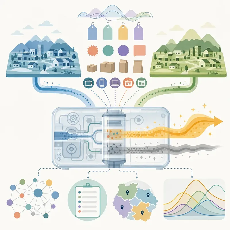 Marketing data from two communities flowing through a device and filter into analytical outputs