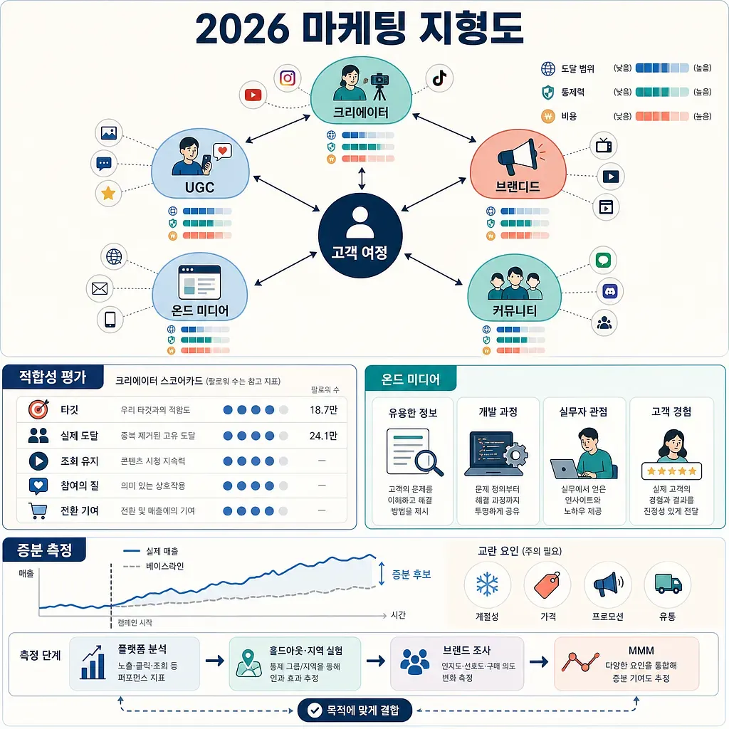 고객 여정을 중심으로 크리에이터, 브랜드, 커뮤니티, UGC, 온드 미디어를 연결한 2026 마케팅 지형도