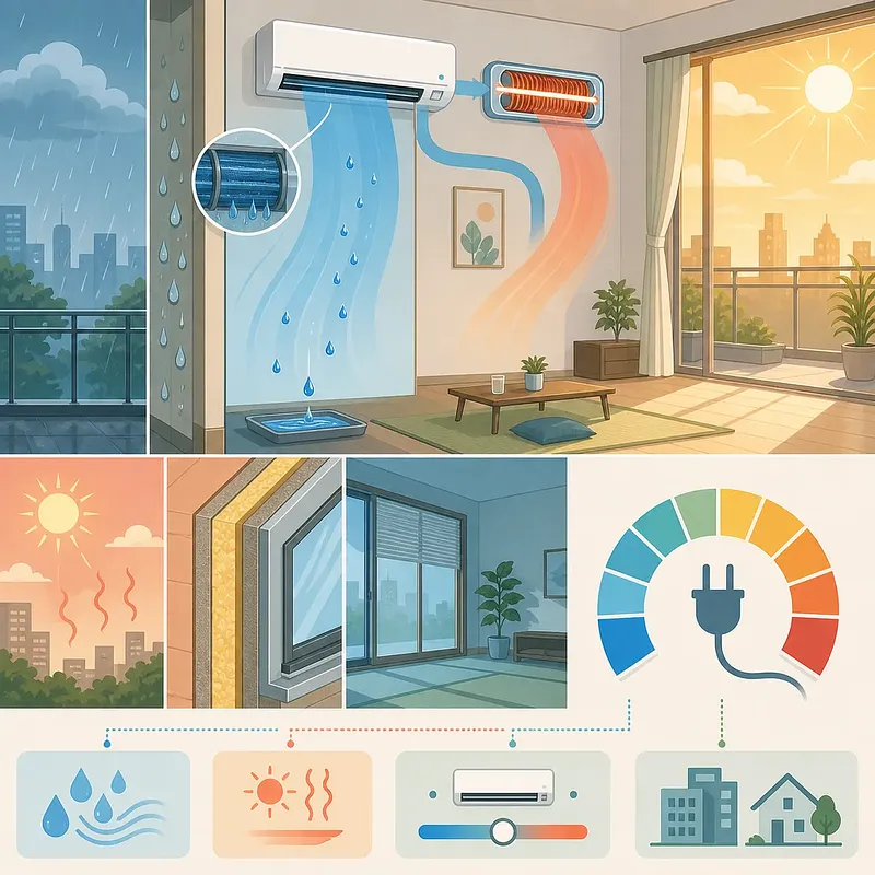Infografía sobre aire acondicionado, deshumidificación, ventanas aislantes y consumo energético