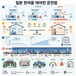 냉방·제습 방식, 전력 소비, 도시 열섬, 시간대별 외출 요령을 설명한 한국어 인포그래픽