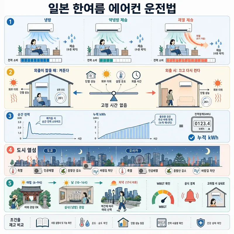 냉방·제습 방식, 전력 소비, 도시 열섬, 시간대별 외출 요령을 설명한 한국어 인포그래픽