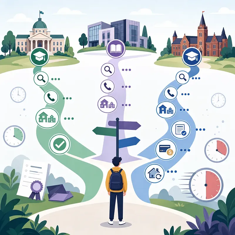 Student facing three paths to universities with search, phone, housing, finance and deadline icons