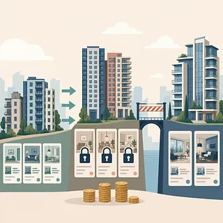 マンション群と鍵付きの物件カード、遮断機、積み上げた硬貨のイラスト