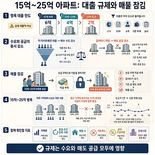 15억~25억 아파트의 대출 한도, 수요·공급 감소, 매물 잠김을 설명한 인포그래픽