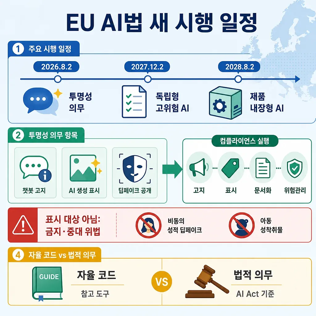 EU AI法の新しい施行日程、透明性義務、禁止事項をまとめたインフォグラフィック