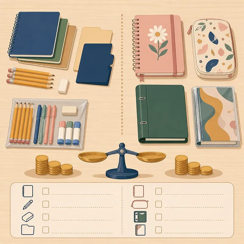 Basic and decorative school supplies compared with a scale, coins, and checklist