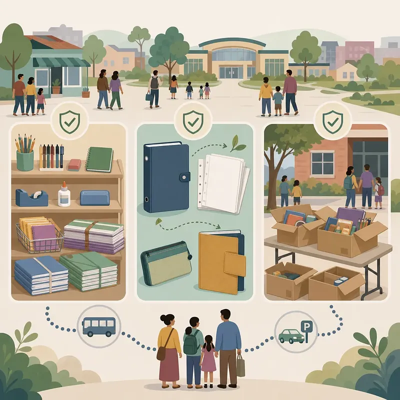 Familias frente a una escuela y paneles con útiles básicos, material reutilizable y cajas gratuitas