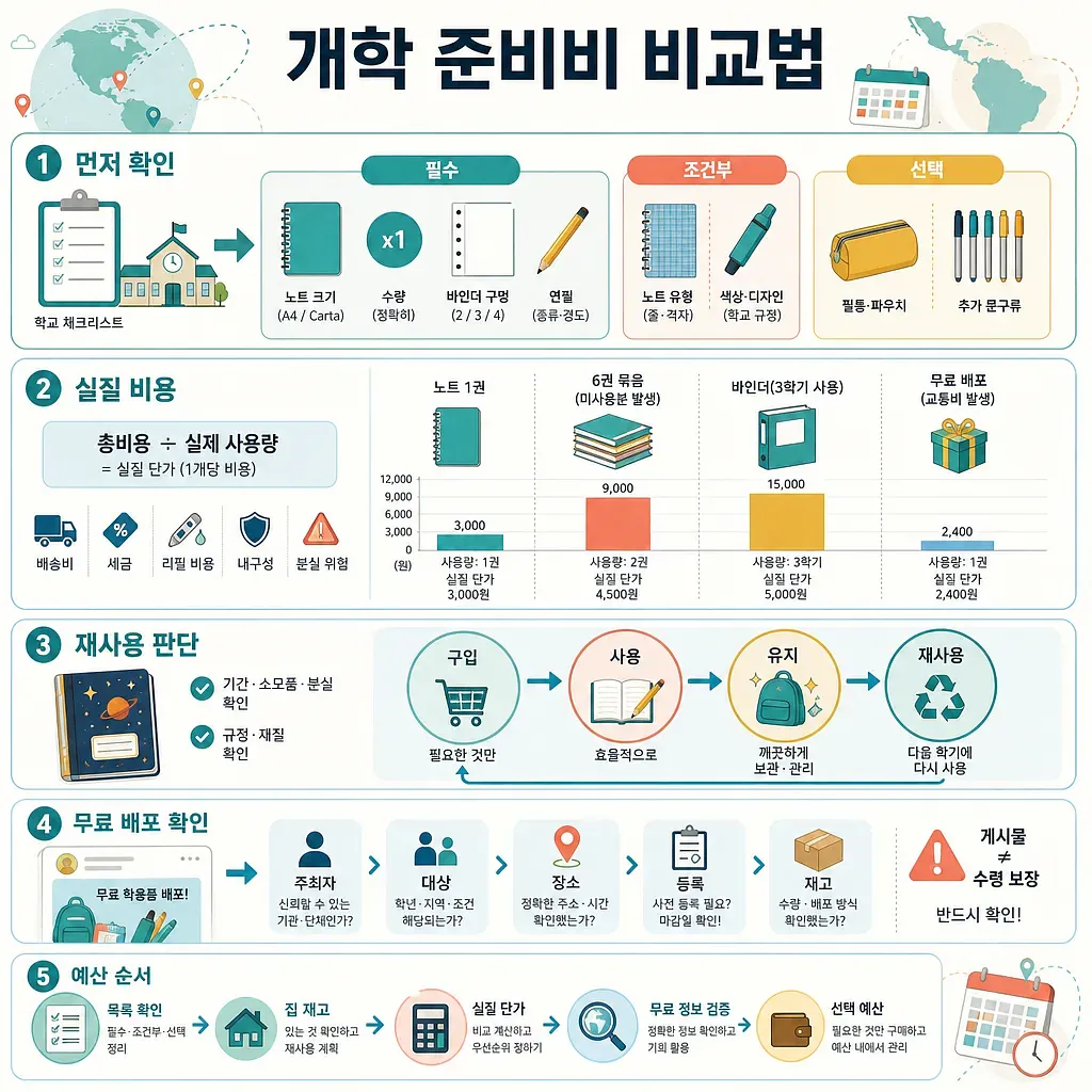 개학 준비비 비교법을 5단계로 설명한 학용품 비용·재사용·무료 배포 인포그래픽