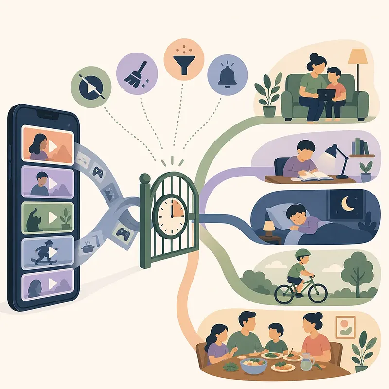 쇼츠 영상이 담긴 스마트폰과 시청 시간 관리를 상징하는 시계 문, 가족의 일상 활동 일러스트