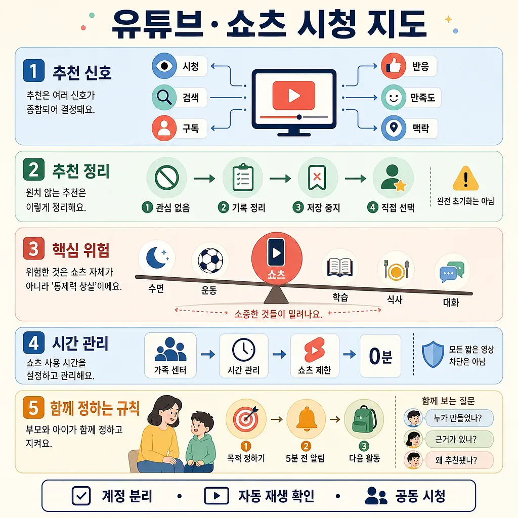 유튜브·쇼츠 시청 지도 5단계와 계정 분리, 자동 재생 확인, 공동 시청을 안내하는 인포그래픽