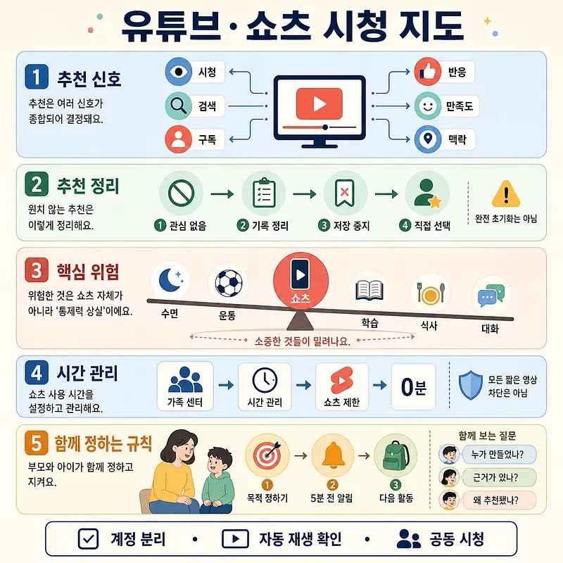 유튜브·쇼츠 시청 지도 5단계와 계정 분리, 자동 재생 확인, 공동 시청을 안내하는 인포그래픽