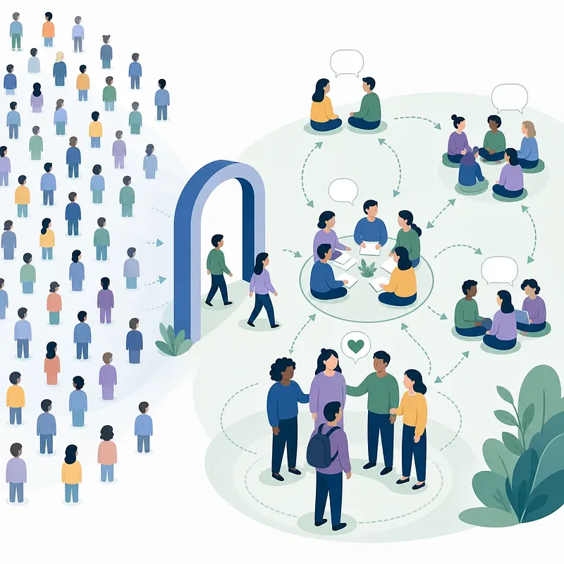 Personas cruzando un arco para unirse a grupos comunitarios de conversación