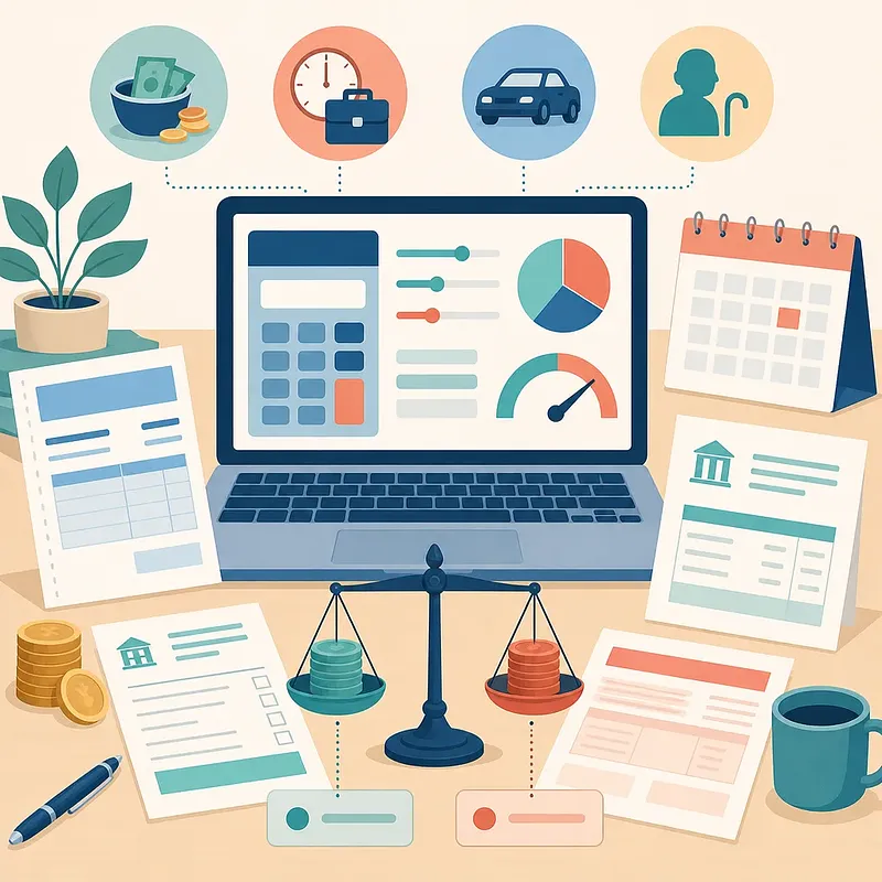 Laptop with a tax calculator dashboard, coin balance scale, tax forms, and calendar