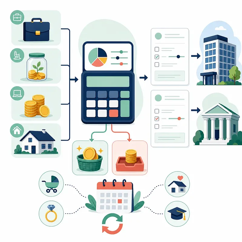 Diagrama de una calculadora fiscal federal con ingresos, ahorros, vivienda, formularios y retenciones