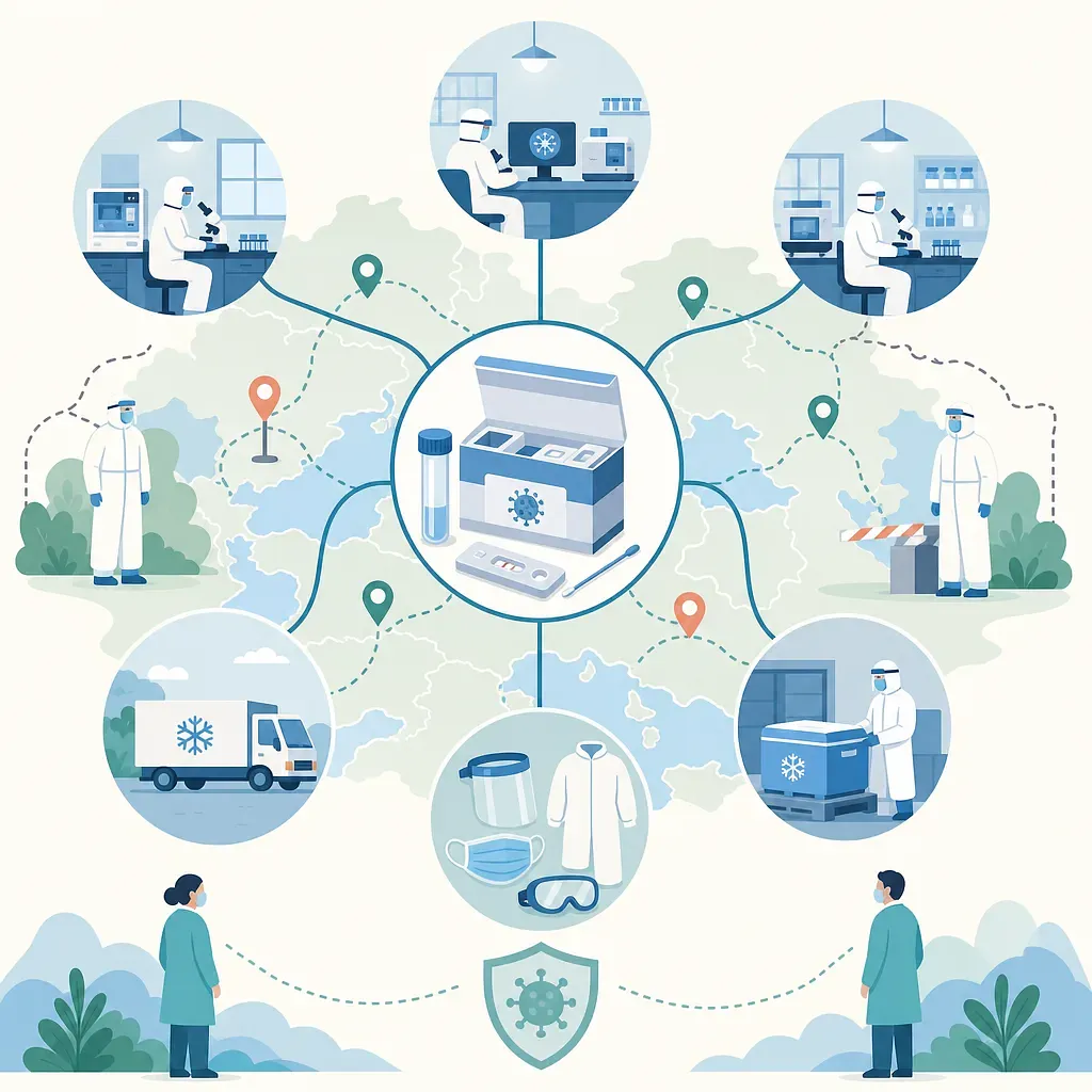 Kit de prueba de ébola conectado con laboratorios, EPP, cadena de frío y controles sobre un mapa