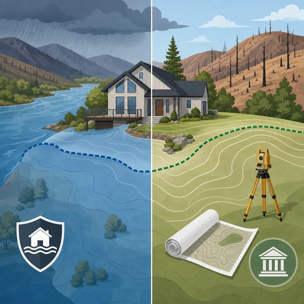 Ilustración dividida de una casa inundada y un terreno seco con equipo topográfico