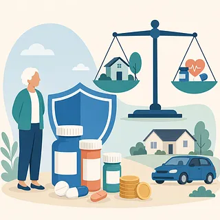 Older woman beside medicine bottles, coins, a shield, a car, and scales balancing a home and health care