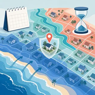 Mapa de zonas de inundación costera con una casa protegida, marcador, calendario y reloj de arena