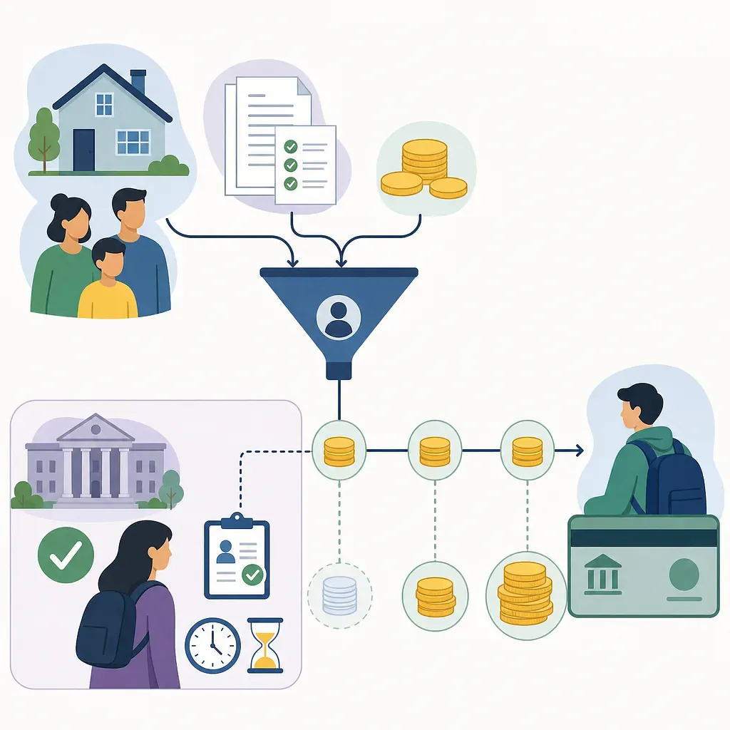 Diagrama del préstamo estudiantil desde los datos del hogar y documentos hasta el alumno y la universidad