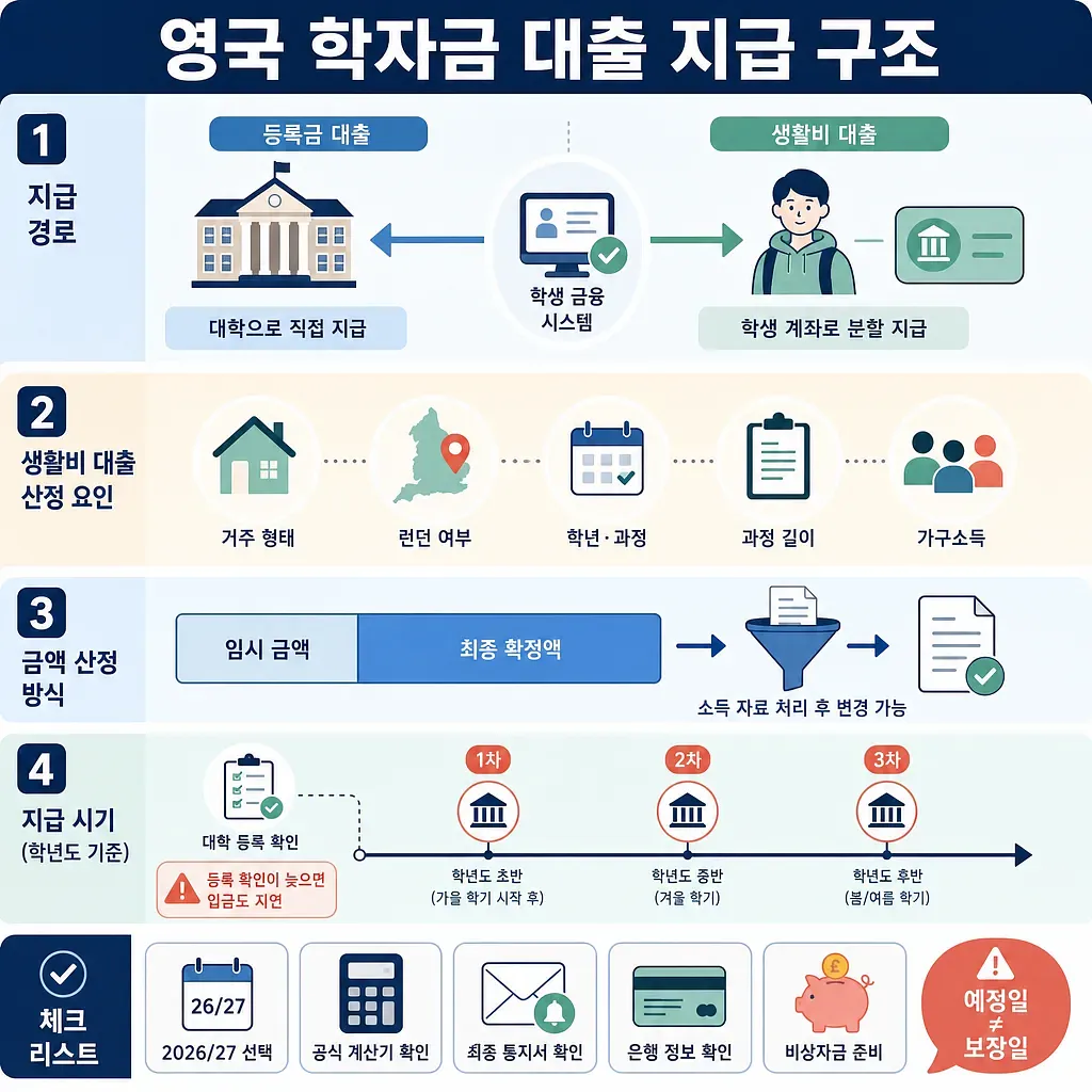 영국 학자금의 등록금·생활비 대출 지급 경로, 산정 요인, 지급 시기와 체크리스트를 정리한 인포그래픽