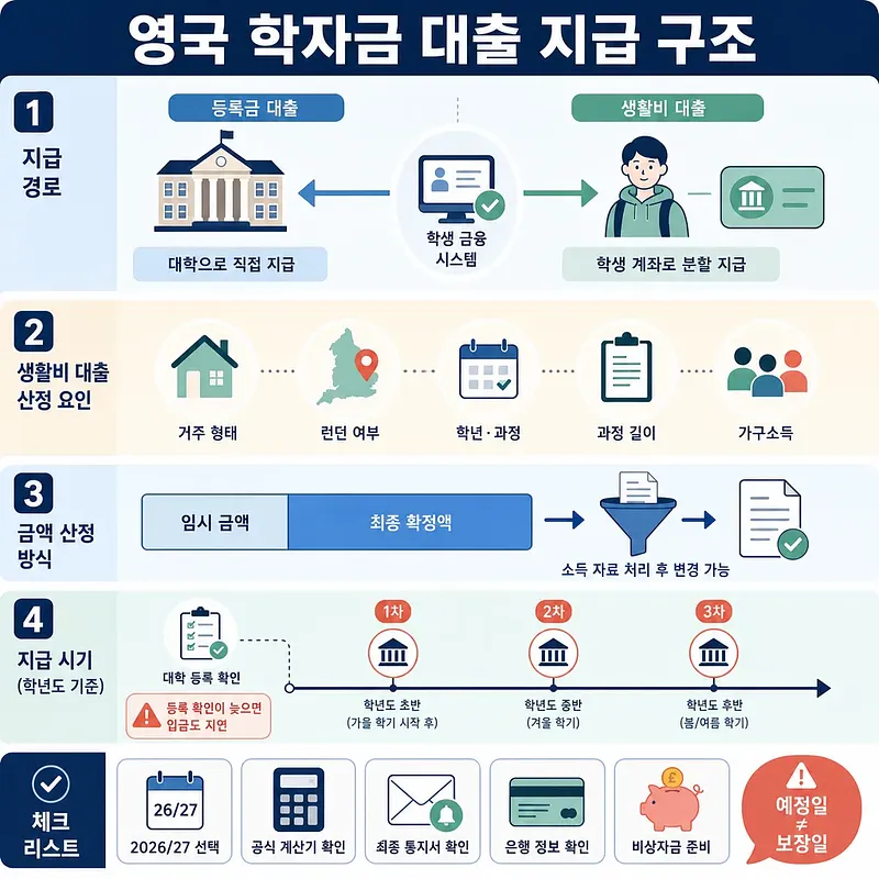 영국 학자금의 등록금·생활비 대출 지급 경로, 산정 요인, 지급 시기와 체크리스트를 정리한 인포그래픽