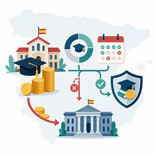 スペイン地図上の学校、卒業帽、硬貨、カレンダー、政府機関を結ぶ奨学金手続きの図